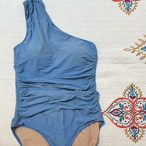 J. Crew Asymmetric One-Shoulder Blue Ruched Swimsuit